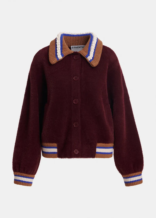 A maroon button-up cardigan sweater with a brown, white, and blue striped knit collar, cuffs, and hem, shown against a light gray background.