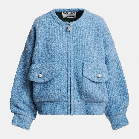 A light blue textured bouclé zip-up jacket with two front flap pockets, shown on a plain light gray background.