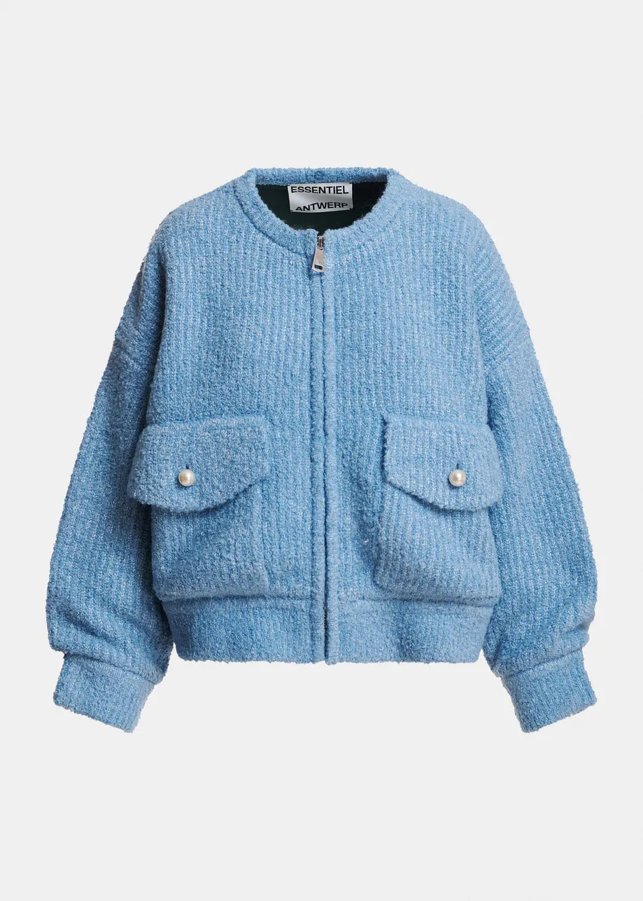 A light blue textured bouclé zip-up jacket with two front flap pockets, shown on a plain light gray background.