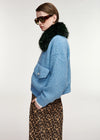 A model shown in profile wearing a light blue textured knit sweater with a dark green faux-fur collar, paired with a leopard-print skirt and tortoiseshell sunglasses, against a plain light gray studio background.