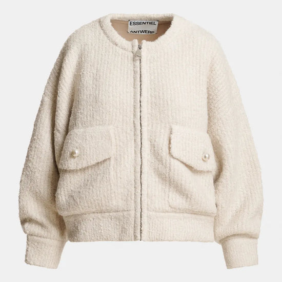An off-white bouclé zip-up jacket with two front flap pockets, photographed on a clean light gray background.