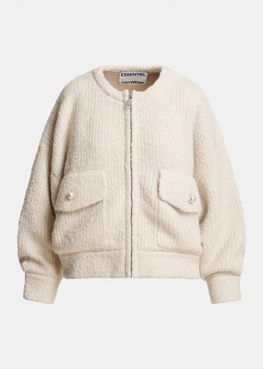 An off-white bouclé zip-up jacket with two front flap pockets, photographed on a clean light gray background.