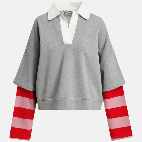 A gray knit rugby-style pullover sweater with a white collar and red-and-pink striped sleeves, shown on a light gray background.