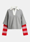 A gray knit rugby-style pullover sweater with a white collar and red-and-pink striped sleeves, shown on a light gray background.