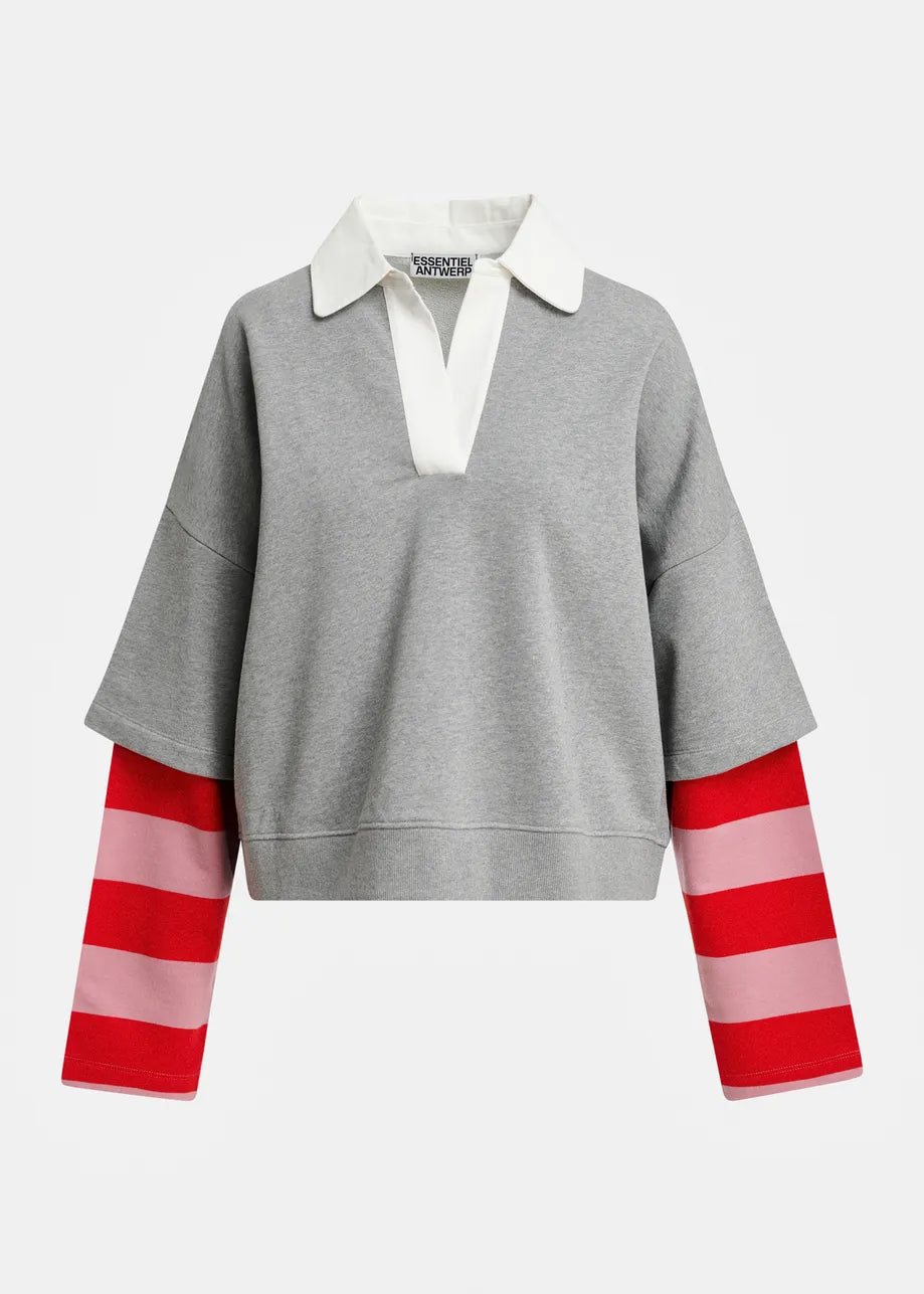 A gray knit rugby-style pullover sweater with a white collar and red-and-pink striped sleeves, shown on a light gray background.