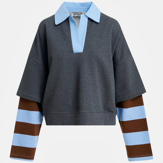 A dark gray rugby-style pullover sweatshirt with a light blue collar and placket, featuring brown and light blue striped sleeves, shown against a light gray background.