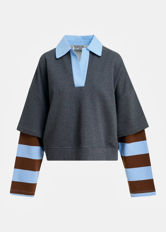 A dark gray rugby-style pullover sweatshirt with a light blue collar and placket, featuring brown and light blue striped sleeves, shown against a light gray background.