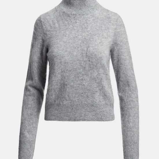 A light gray heathered knit mock neck sweater with long sleeves and a ribbed hem and cuffs, shown on a plain light gray background.
