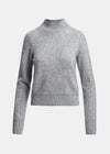 A light gray heathered knit mock neck sweater with long sleeves and a ribbed hem and cuffs, shown on a plain light gray background.