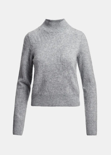 A light gray heathered knit mock neck sweater with long sleeves and a ribbed hem and cuffs, shown on a plain light gray background.