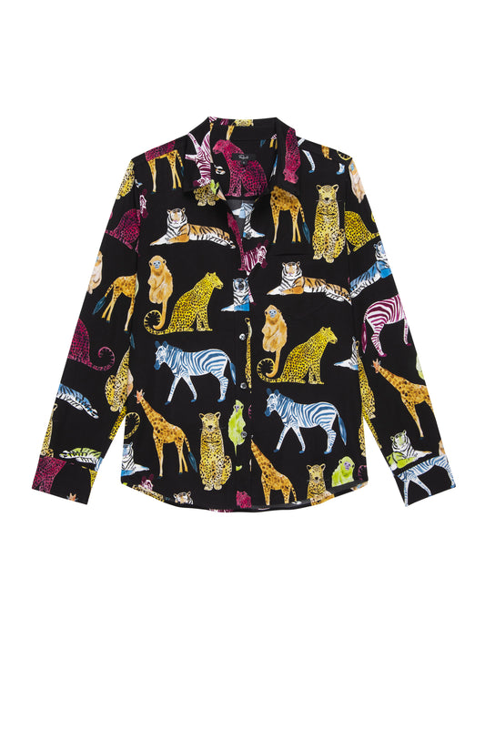 black classic shirt with colourful illustrated animals 