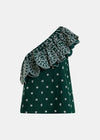Green one-shoulder dress with white floral pattern on a light gray background