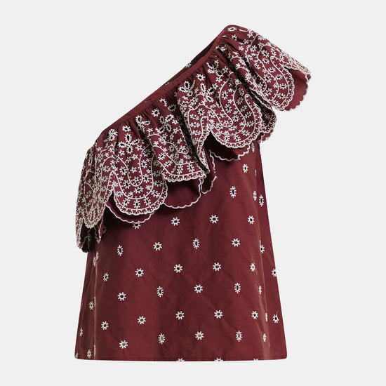 one shoulder floral purple top on a white background