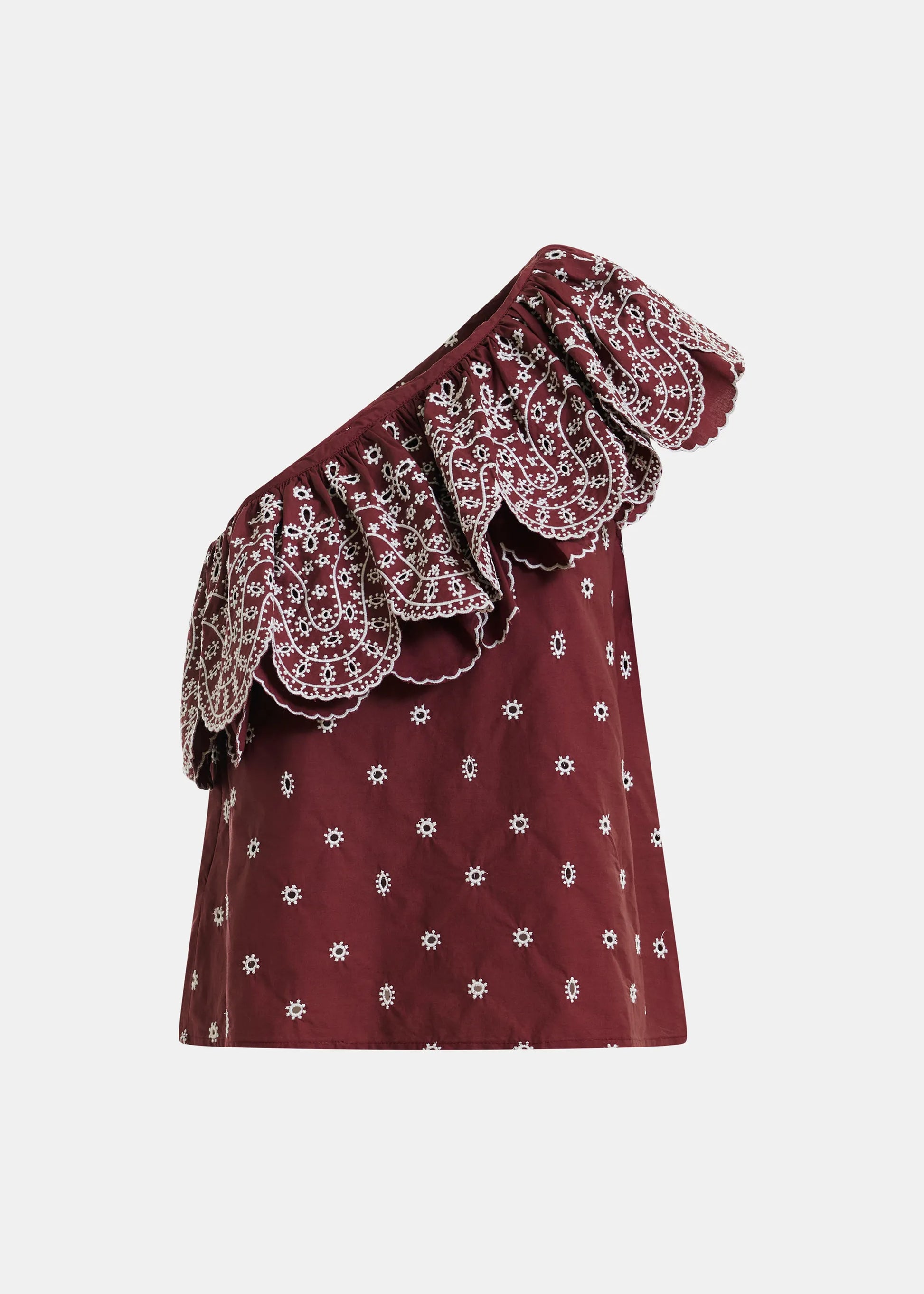 one shoulder floral purple top on a white background