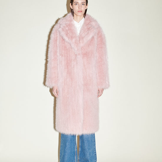 pink faux fur mid length coat with notched lapel and rear vent 