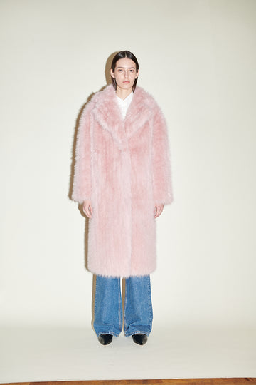 pink faux fur mid length coat with notched lapel and rear vent 