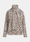 A long-sleeve blouse with a high mock neck and a large front bow, featuring a brown leopard print pattern on a cream background.
