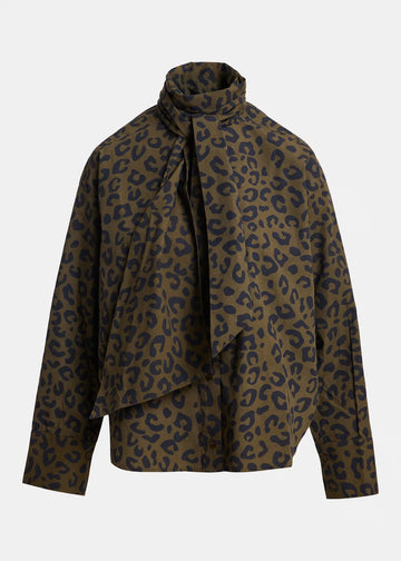 A leopard print wrap jacket with a high draped collar and tie-front detail, shown on a neutral light gray background.