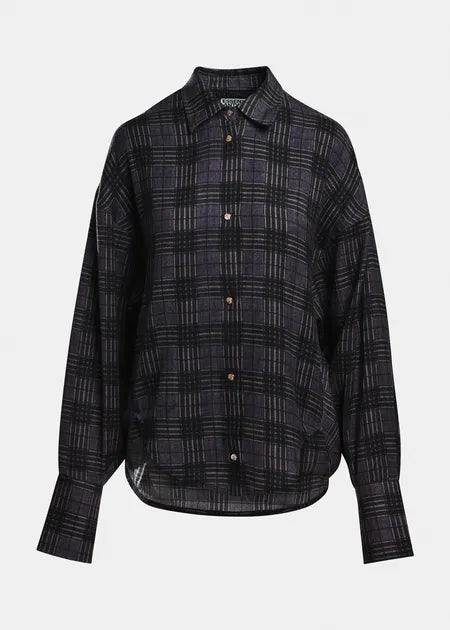 A dark charcoal gray and black plaid button-down shirt with brown buttons, displayed on a clean light gray background.
