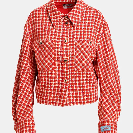 A cropped red and white gingham plaid jacket with a button-up front, pointed collar, and two chest pockets, shown on a light gray background.