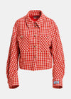 A cropped red and white gingham plaid jacket with a button-up front, pointed collar, and two chest pockets, shown on a light gray background.