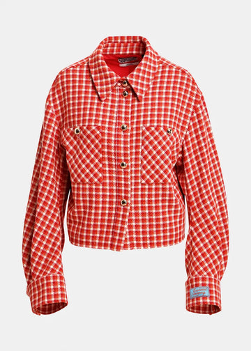 A cropped red and white gingham plaid jacket with a button-up front, pointed collar, and two chest pockets, shown on a light gray background.