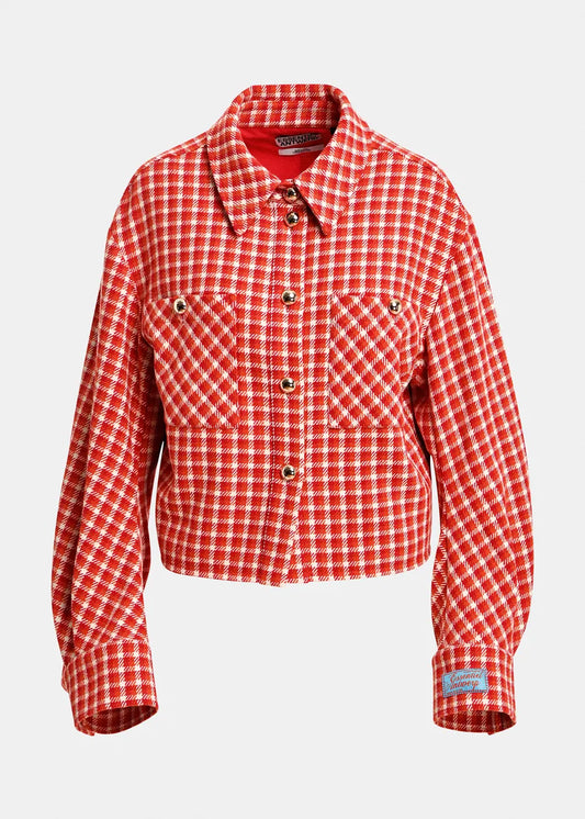 A cropped red and white gingham plaid jacket with a button-up front, pointed collar, and two chest pockets, shown on a light gray background.