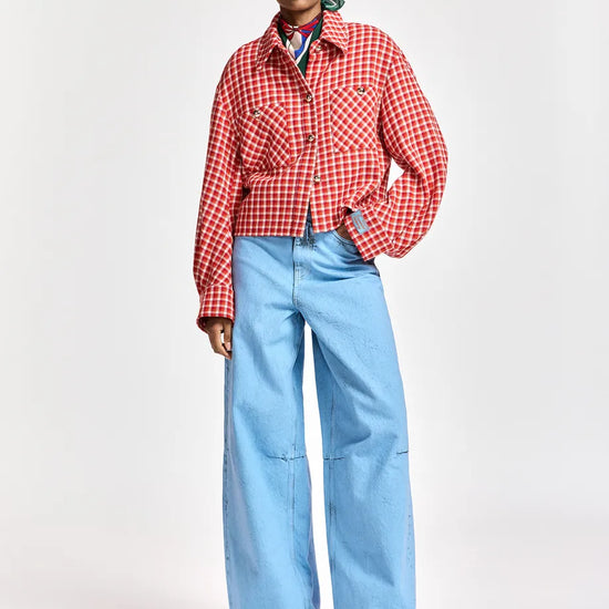 A model stands against a light gray studio background wearing a red and white gingham cropped button-up shirt, light blue wide-leg jeans, a multicolor striped necktie, and red shoes.