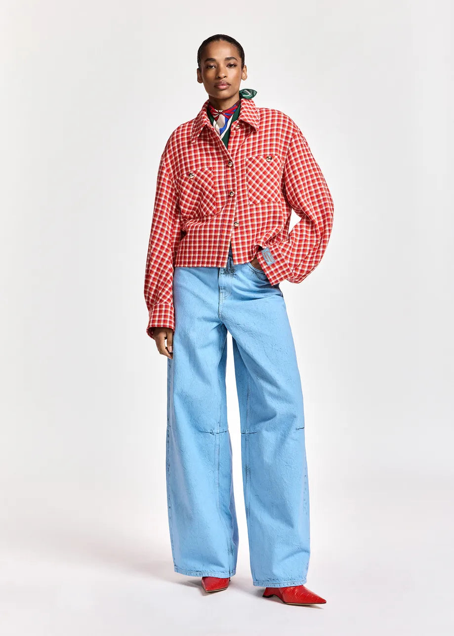 A model stands against a light gray studio background wearing a red and white gingham cropped button-up shirt, light blue wide-leg jeans, a multicolor striped necktie, and red shoes.