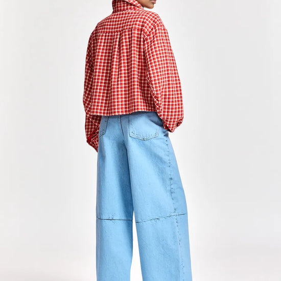 A model shown from the back wearing a red and white gingham check shirt, light blue wide-leg denim pants, and red pointed shoes, set against a plain light gray studio background.