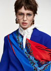A model with short brown hair and glasses wearing a vibrant blue blazer, a white striped necktie, and a bright red and blue patterned scarf with a chain-link design, set against a plain light gray background.