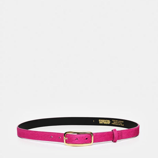 A vibrant magenta pink belt with a gold buckle, displayed horizontally on a light gray background. The inner lining is black with gold branding text.