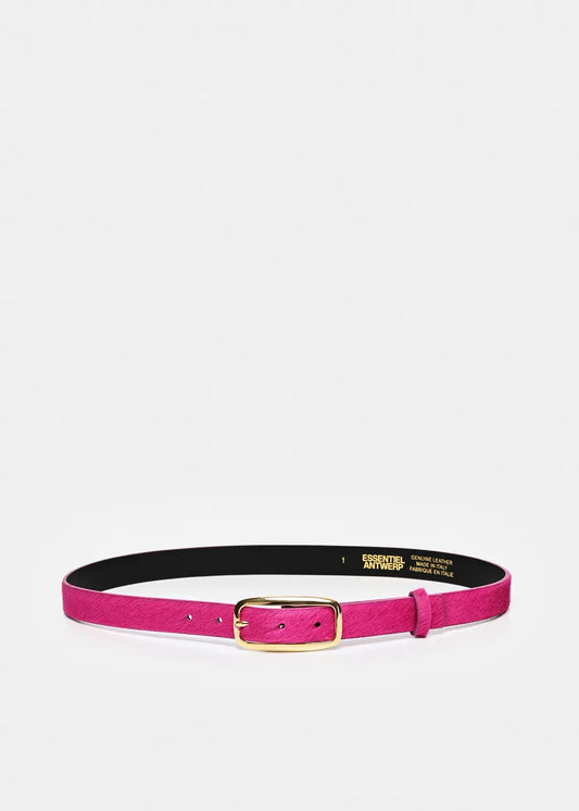A vibrant magenta pink belt with a gold buckle, displayed horizontally on a light gray background. The inner lining is black with gold branding text.