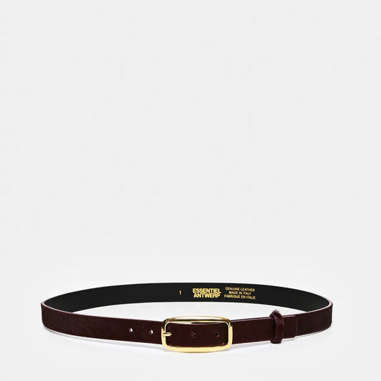 A dark brown leather belt with a gold buckle, displayed horizontally on a light gray background. The inner side of the belt is black with gold branding 