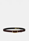 A dark brown leather belt with a gold buckle, displayed horizontally on a light gray background. The inner side of the belt is black with gold branding 
