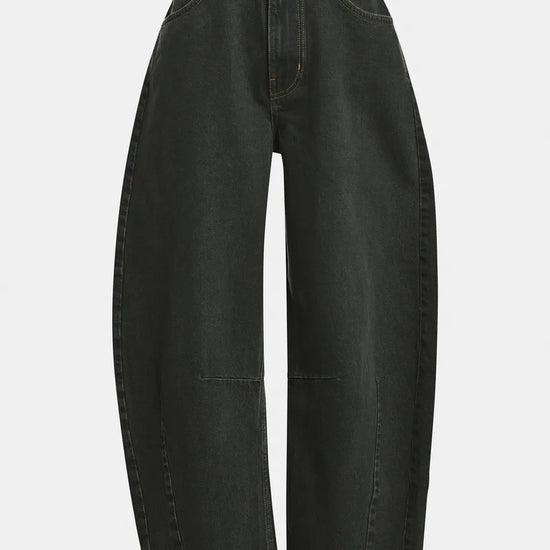 Black wide-leg cropped jeans with a high waist, displayed against a light gray background.