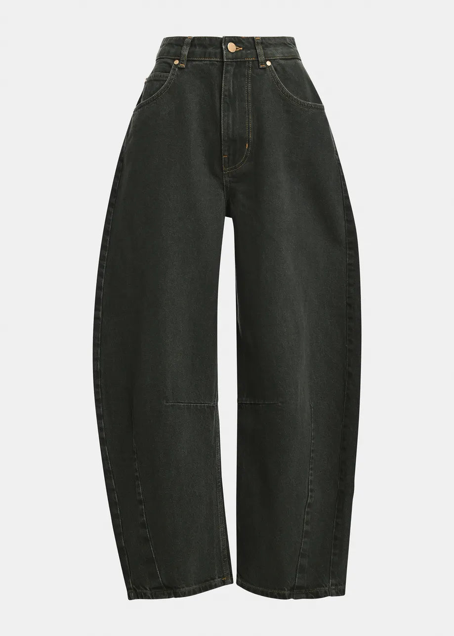 Black wide-leg cropped jeans with a high waist, displayed against a light gray background.