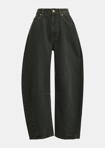 Black wide-leg cropped jeans with a high waist, displayed against a light gray background.