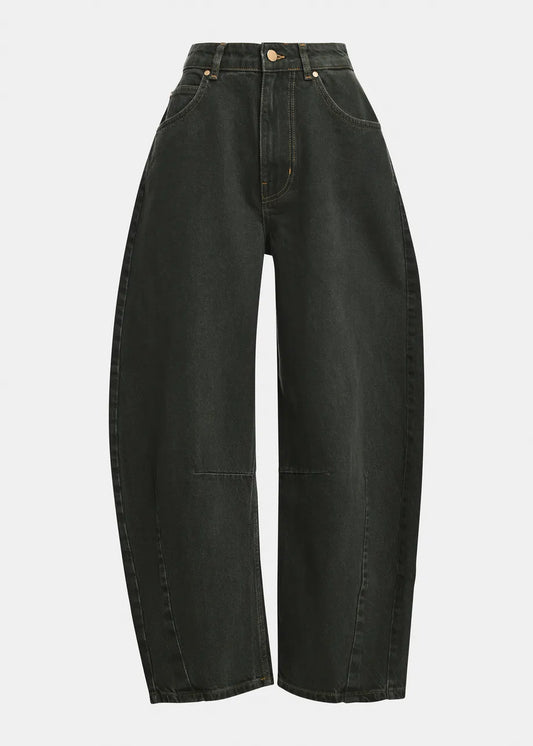 Black wide-leg cropped jeans with a high waist, displayed against a light gray background.