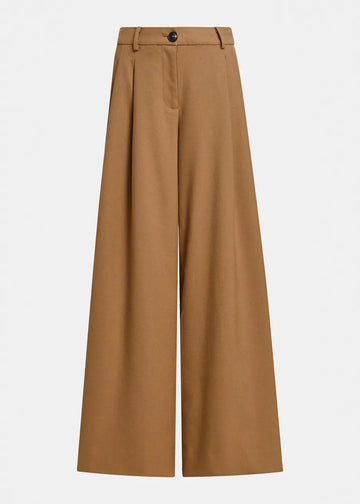 A pair of wide-leg trousers in a warm camel brown color, shown flat against a light gray background.