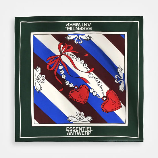 A square scarf from Essentiel Antwerp featuring a dark green border and a central graphic with diagonal blue, white, and burgundy stripes, red hearts, and a red ribbon.