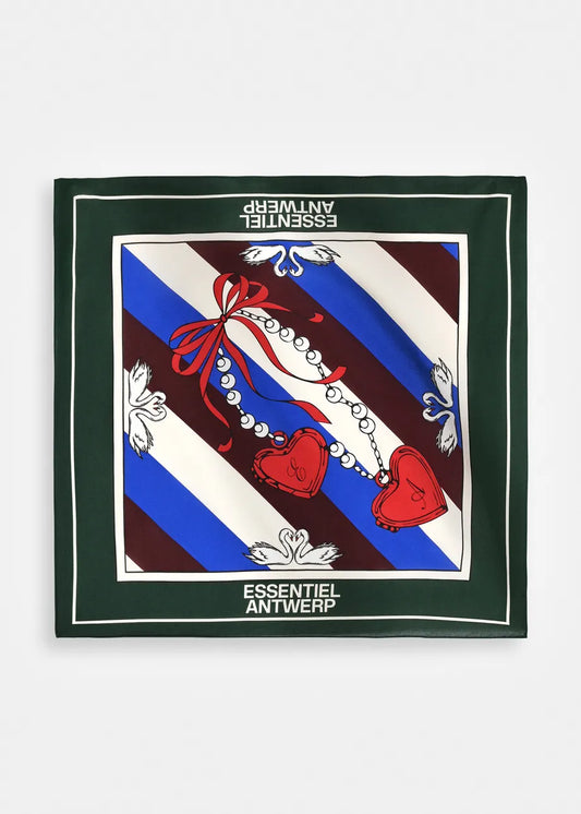 A square scarf from Essentiel Antwerp featuring a dark green border and a central graphic with diagonal blue, white, and burgundy stripes, red hearts, and a red ribbon.