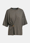 A striped short-sleeve top with a gathered front detail and a gold-tone ring accent, shown against a plain light gray background.