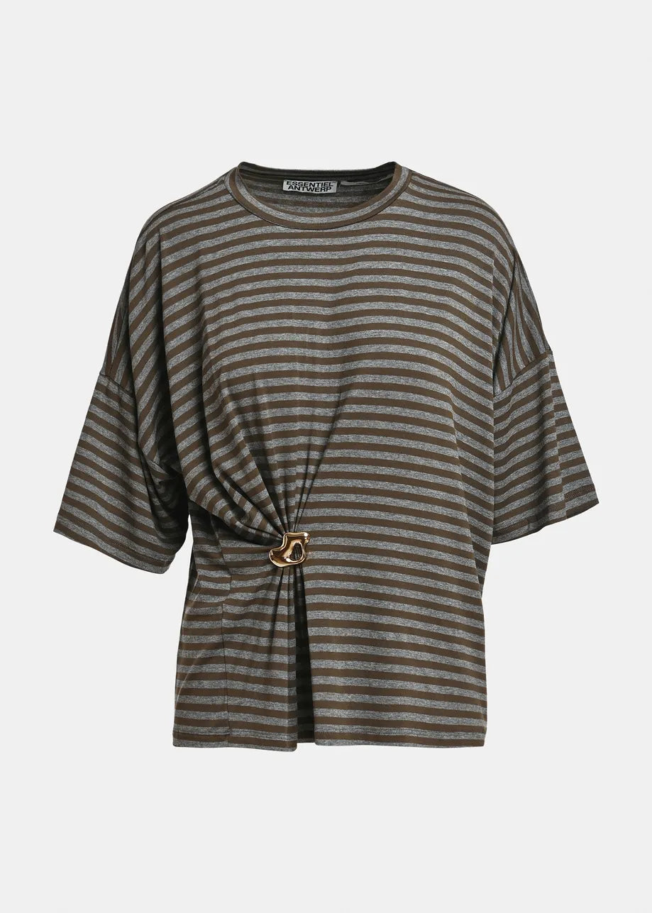 A striped short-sleeve top with a gathered front detail and a gold-tone ring accent, shown against a plain light gray background.