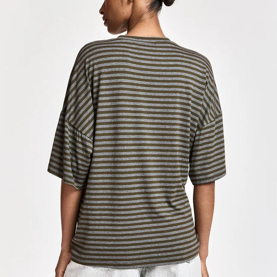 A woman shown from the back wearing an oversized short-sleeve top with horizontal olive green and dark gray stripes, paired with light gray pants, against a plain light gray studio background.