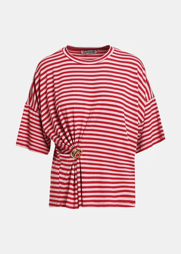 A red and white horizontally striped short-sleeve top with a gathered waist detail and a decorative gold-toned ring accent, shown against a light gray background.
