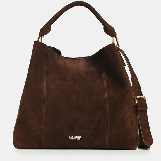 A dark brown suede hobo handbag with a top handle and an adjustable shoulder strap, featuring a small gold-tone brand logo on the front.