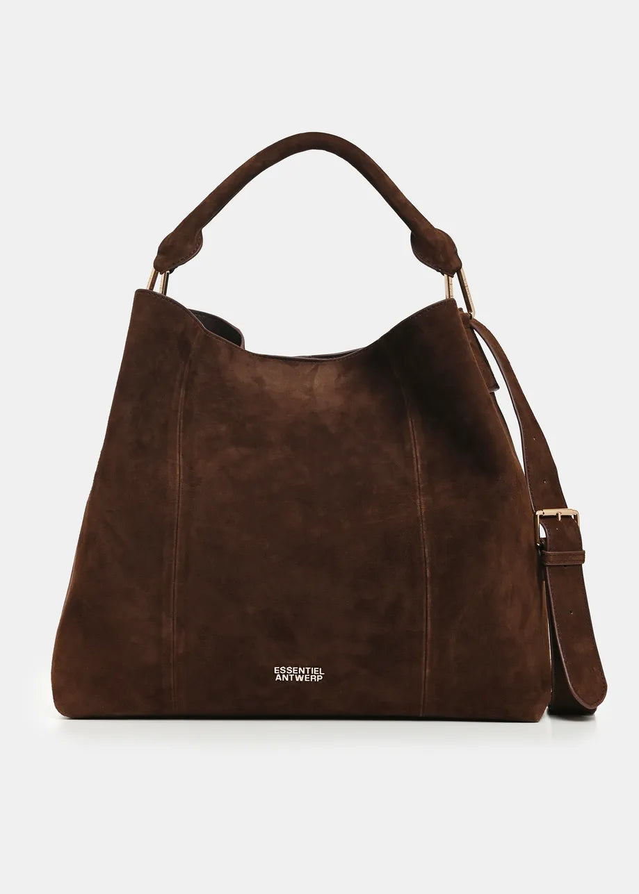 A dark brown suede hobo handbag with a top handle and an adjustable shoulder strap, featuring a small gold-tone brand logo on the front.