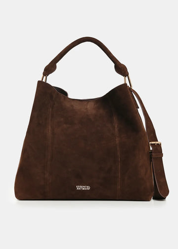 A dark brown suede hobo handbag with a top handle and an adjustable shoulder strap, featuring a small gold-tone brand logo on the front.