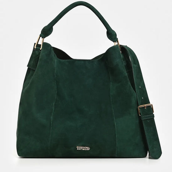 A dark green suede hobo handbag with a top handle, adjustable shoulder strap, and gold-tone hardware, shown against a plain white background.
